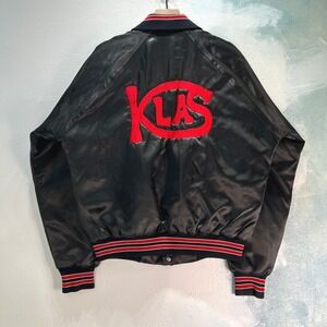 VTG Rennoc KLAS BOB Satin Varsity Bomber Jacket Men's M Black Red Quilted USA‎